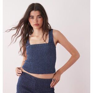 Collusion Asos Tank Top 10 / M Denim Blue Shirred Smock Festival Cowgirl Western